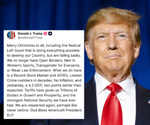TRUMP CHRISTMAS MESSAGE MIXES FESTIVE GREETINGS WITH POLICY BOASTS; ECONOMIC DATA SHOWS STRONG GROWTH BUT COMPLEX REALITY